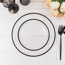 10 Pack Clear Regal Plastic Appetizer Dessert Plates With Black Rim, Round Disposable Salad Plates