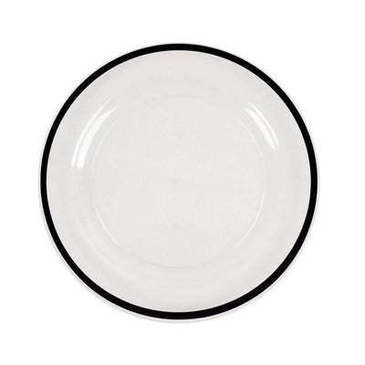 White plate with black rim, studio-style isolation shot.