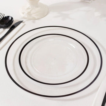 10 Pack Clear Regal Plastic Appetizer Dessert Plates With Black Rim, Round Disposable Salad Plates - 7"