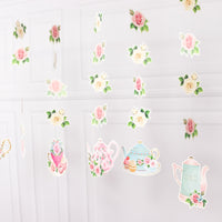 8 Pack Double Sided Floral Tea Party Paper Garland, Pre-Assembled Mixed Teapot Banner Hanging Decorations - 40"
