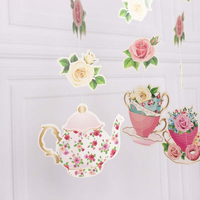 Floral teapot and teacups hanging decor with roses