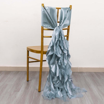 Light blue satin chair sash draped elegantly on a gold chiavari chair.