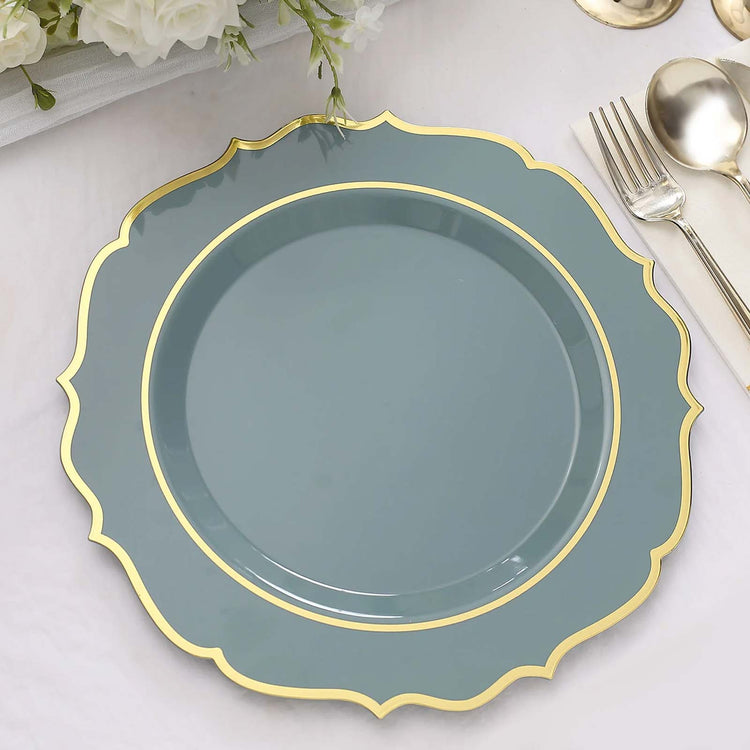 10 Pack Of Round Dusty Blue Disposable Plates With Gold Rim