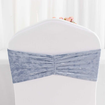 5 Pack Dusty Blue Premium Crushed Velvet Ruffle Chair Sashes, Decorative Wedding Chair Bands