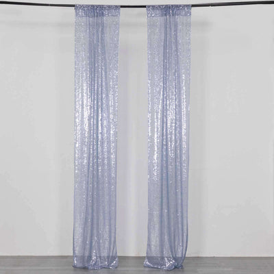 Shimmering lavender sequin curtains hanging on a rod