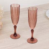 6 Pack Dusty Rose Crystal Cut Reusable Plastic Champagne Glasses, Shatterproof Wedding Toast Flute Glasses 8oz
