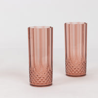 6 Pack Dusty Rose Crystal Cut Reusable Plastic Highball Drink Glasses, Shatterproof Tall Cocktail Tumbler Cups - 14oz
