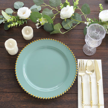 Elegant Dusty Sage Green Plastic Dinner Plates with Gold Beaded Rim