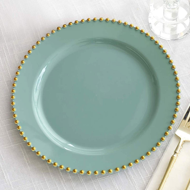 10 Pack Dusty Sage Plastic Dinner Plates with Gold Beaded Rim, Round Disposable Party Plates