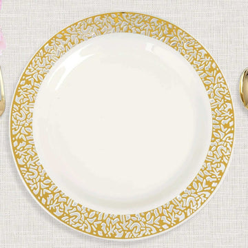 10 Pack Fancy Gold Lace Rim Ivory Plastic Dinner Plates, Elegant Disposable Party Plates 10"