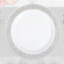 10 Pack Fancy Silver Lace Rim White Plastic Dinner Plates, Elegant Disposable Party Plates 10"