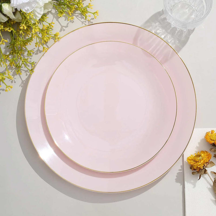 8 Inch Blush Rose Gold Round Plastic Dessert Plates With Gold Rim