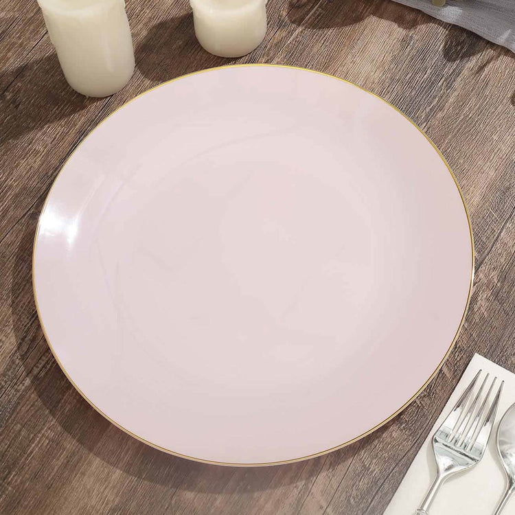 10-Inch Blush Rose Gold Rimmed Round Plastic Plates - 10 Pack