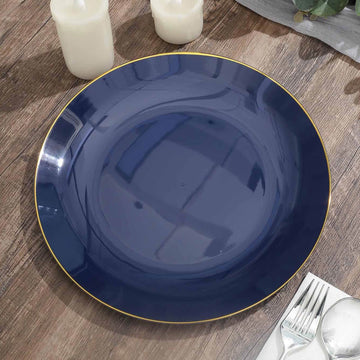 10 Pack Glossy Navy Blue Round Plastic Dinner Plates With Gold Rim, Disposable Party Plates 10"
