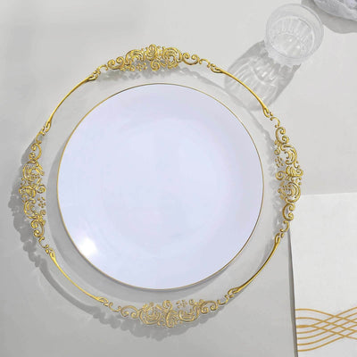 Elegant white plate with ornate gold rim on a clean surface.