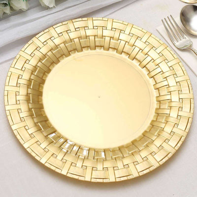 Gold decorative plate with woven design on a white background.