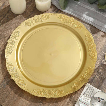 10 Pack Gold Embossed Hard Plastic Round Dinner Plates, Disposable Party Plates With Scalloped Edges 10"