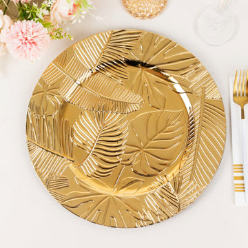 6 Pack Metallic Gold Acrylic Plastic Serving Plates With Embossed Tropical Leaves, 13" Round Decorative Dinner Charger Plates