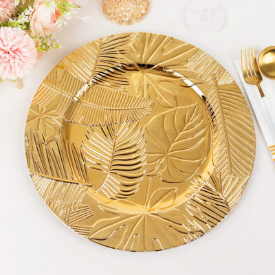 Gold leaf design dinner plate with tropical patterns.