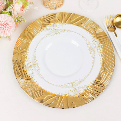 Gold decorative plate with intricate design on a white background.