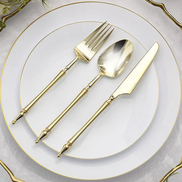 24 Pack Gold European Style Plastic Utensil Set with Roman Column Handle, Disposable Fork, Spoon and Knife Silverware