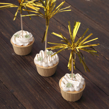 100 Pack Gold Firework Cupcake Toppers, Festive Foil Frills Bamboo Cocktail Sticks 9" Food Picks
