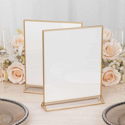 Elegant double-sided table menu holder in gold frame.