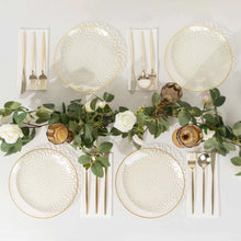 10 Pack Clear Hammered Plastic Dinner Plates With Gold Rim, Round Disposable Party