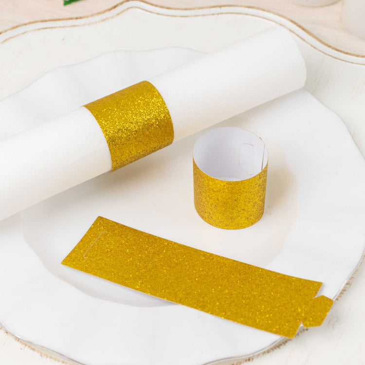 50 Pack Gold Glitter Paper Napkin Rings, Disposable Napkin Holders