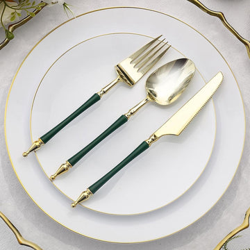 24 Pack Gold / Hunter Emerald Green European Plastic Utensil Set with Roman Column Handle, Disposable Fork, Spoon and Knife Silverware