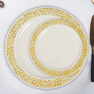 Elegant Gold Lace Rim Ivory Plastic Dessert Appetizer Plates