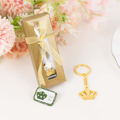 Gold crown keychain gift with elegant packaging and thank you tag.