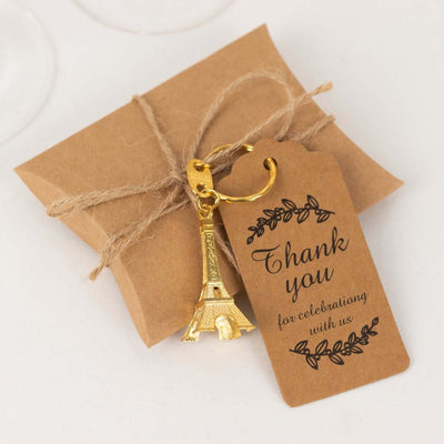 Eiffel Tower keychain with "Thank you" tag on a gift box