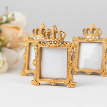 4 Pack Gold Resin Royal Crown Square Party Favors Picture Frame, Baroque Wedding Place Card Holders - 3.5"