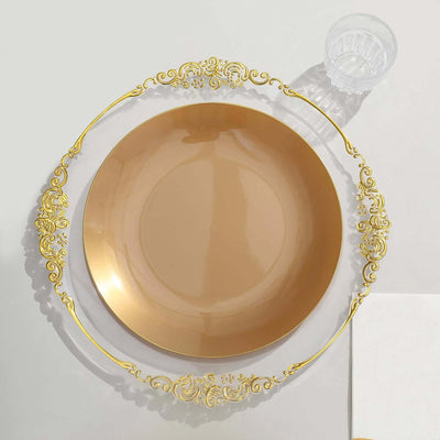Gold rimmed decorative plate with clear plastic cup and napkin.