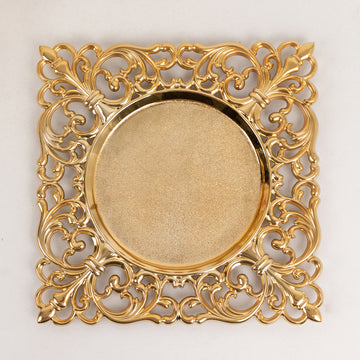 6 Pack Gold Square Acrylic Charger Plates with Hollow Lace Border, Dinner Chargers Event Tabletop Decor - 12"