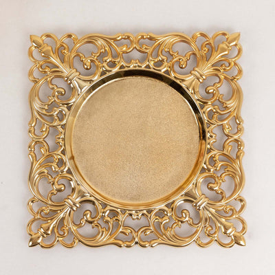 Gold decorative plate with intricate filigree design.