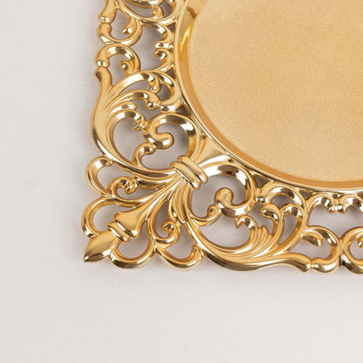 Gold decorative plate with intricate floral design and smooth center.