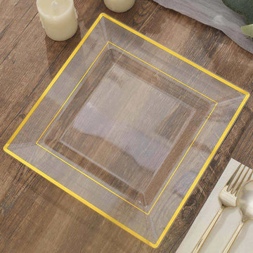 Elegant Gold Trim Clear Square Plastic Dinner Plates