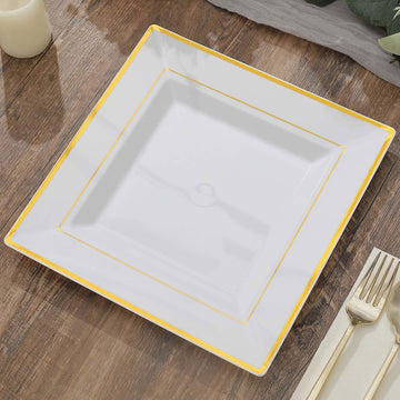 Elegant Gold Trim White Square Plastic Dinner Plates