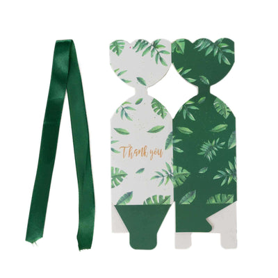 Thank you gift tags with green leaf design and satin ribbon