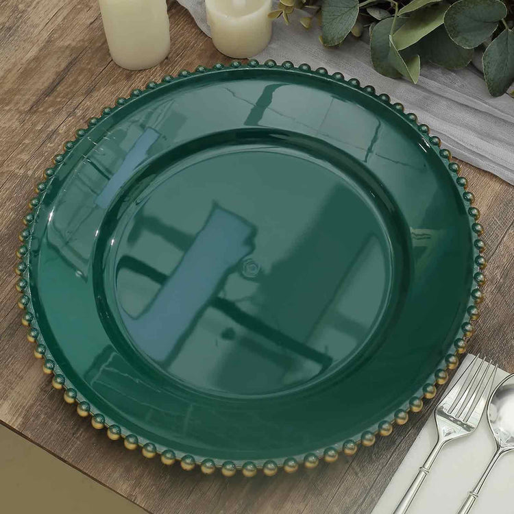 12 Inch Hunter Green And Gold Acrylic Round Charger Plates With Beaded Rim Pack Of 6