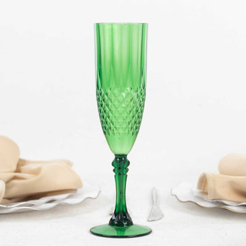 6 Pack Hunter Emerald Green Crystal Cut Reusable Plastic Champagne Glasses, Shatterproof Wedding Toast Flute Glasses 8oz