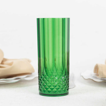 6 Pack Hunter Emerald Green Crystal Cut Reusable Plastic Highball Drink Glasses, Shatterproof Tall Cocktail Tumbler Cups - 14oz