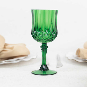 6 Pack Hunter Emerald Green Crystal Cut Reusable Plastic Wine Glasses, Shatterproof Cocktail Goblets 8oz