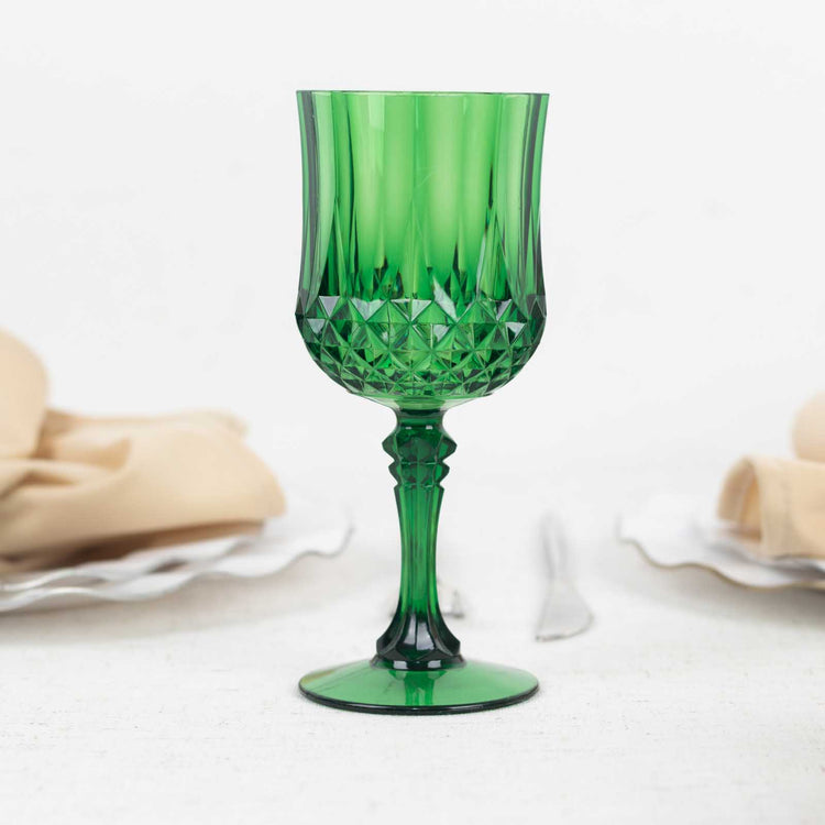 6 Pack Hunter Emerald Green Crystal Cut Reusable Plastic Wine Glasses, Shatterproof Cocktail Goblets