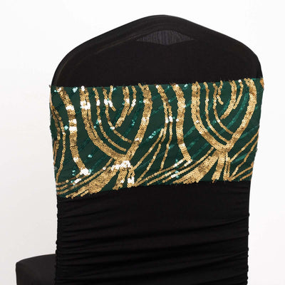 Black chair cover with green and gold sequin design on the back.