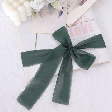 2 Pack Hunter Emerald Green Silk-Like Chiffon Linen Ribbon Roll For Bouquets, Wedding Invitations Gift Wrapping 6yd