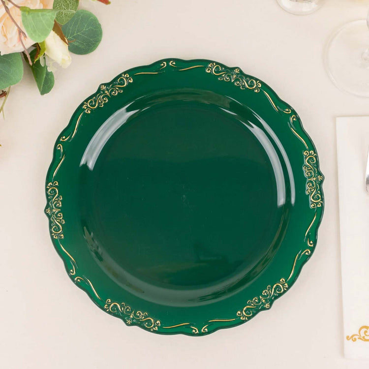 10 Pack | 10inch Hunter Emerald Green With Gold Vintage Rim Hard Plastic Dinner