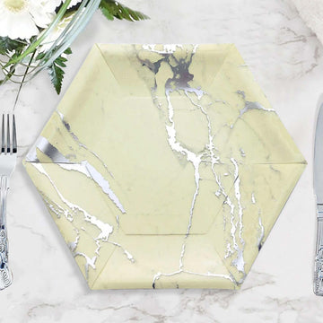 25 Pack Ivory Marble Serving Dinner Paper Plates, Disposable Hexagon Geomtric Shaped Plates With Silver Foil Marble Design 400 GSM 12"